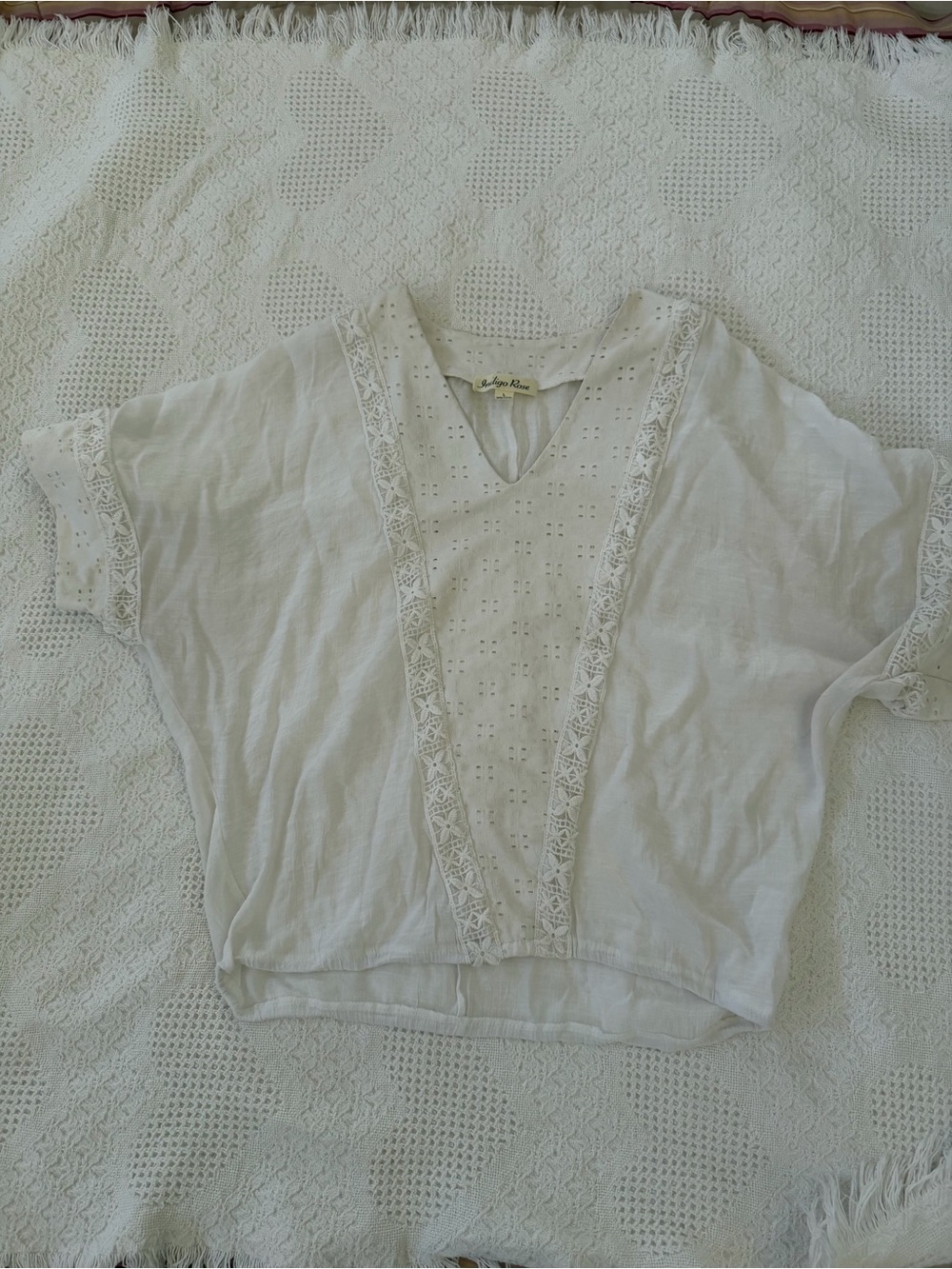 Light Cream Eyelet V-Neck Tunic Top with Lace Trim
